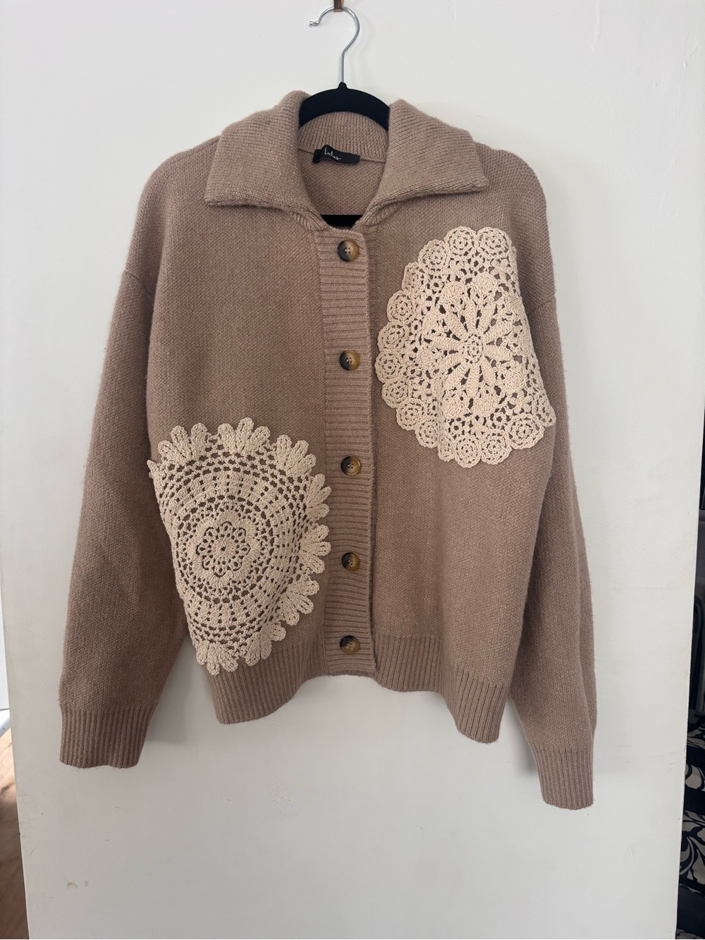Lulu's Beige Cardigan with Cream Crochet Patches